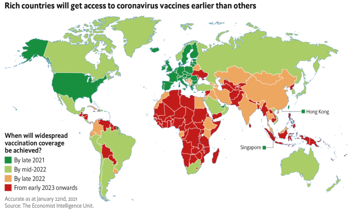 Economist Intelligence Unit map of projected vaccine distribution